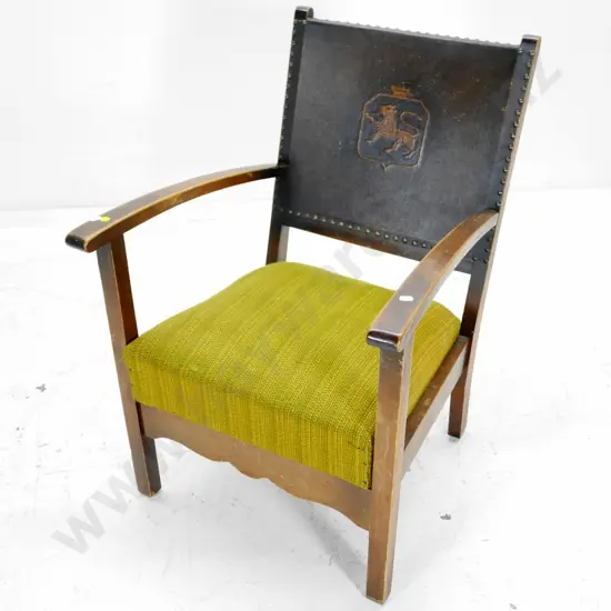 retro occasional chair with wooden arms, pressed leatherette back, upholstered seat, polish needs work H780 W540 D540