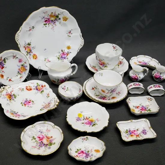 17 pieces of Crown Derby Posies - breakfast cup & saucer, 3 jugs, and various dishes
