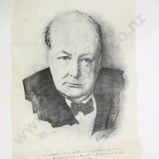 Winston Churchill poster print, signed in pencil by artist C. Wessman 1942 RNZAF H-500 W-380 - crease marks and foxing