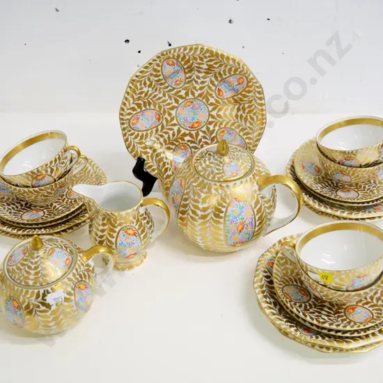 22-piece hand-painted gold on white china tea set - no maker's marks, Asian or European?
