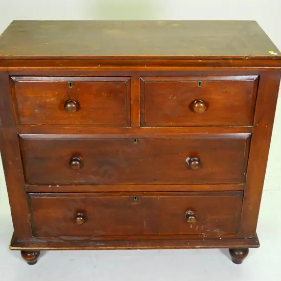 antique kauri 4-drawer chest with turned wood knobs, key escutcheons, no key H-820 W-880 D-390