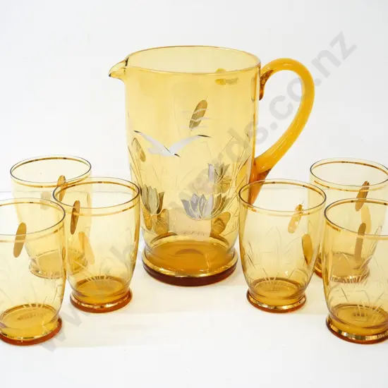 retro glass water set with gilt lotus pattern - 6 glasses, jug is H-200