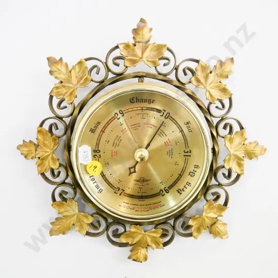 retro brass Smiths wall barometer in leaf-design metal frame, bend to bottom leaf Diameter 245