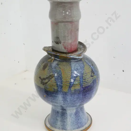unusually shaped studio pottery vase or container with cork lid, base marked "AAC '88" H-390