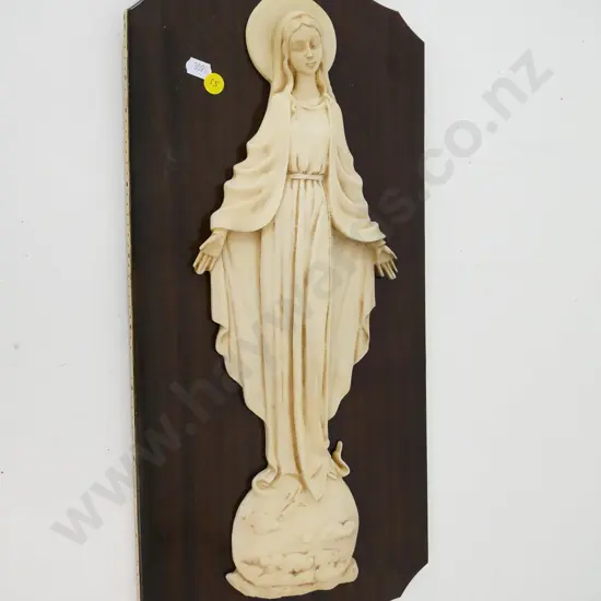 Italian made composite Madonna wall plaque on metal and wood veneer backing board H-520 W-220