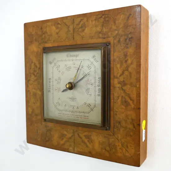 wood-cased Smiths wall barometer - oak backing with burr inlay on front H-220 W-220