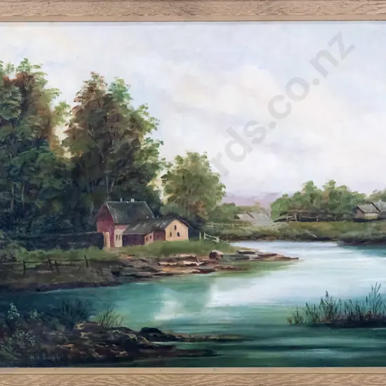 W J Burk - framed oil - river and house scene H-440 W-630