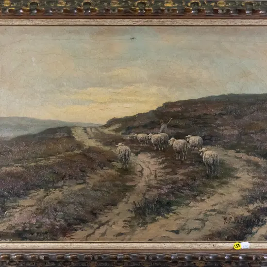 illegible signature - framed oil - farmer and sheep H-390 W-590 (age damage)