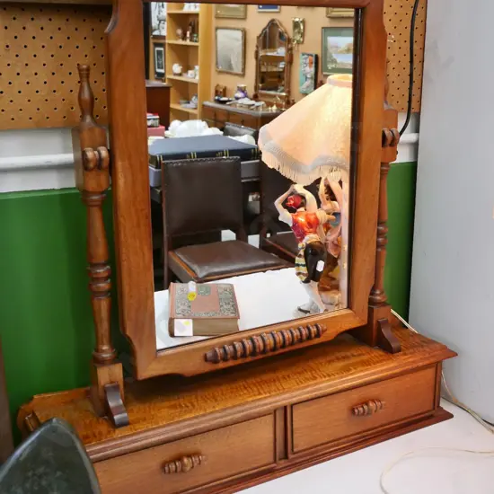 deco style mahogany cheval mirror with 2 drawers, turned supports H790 W740 D180