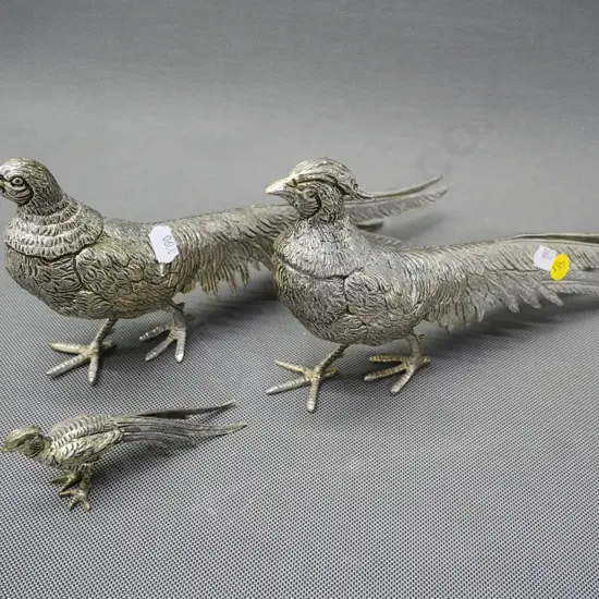 pair of ornamental silver-finish pheasants - male is H-140 L-280 - and a small one
