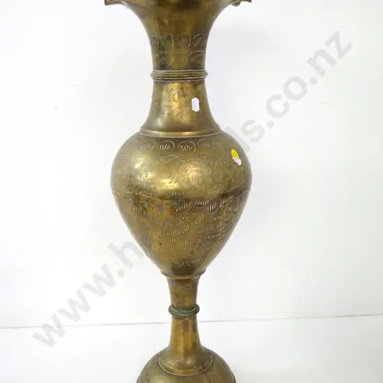 large brass vase with fluted rim and etched design H-610