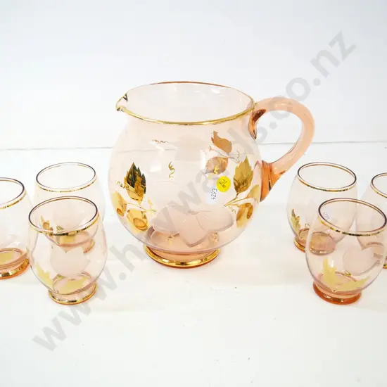 retro glass water set with floral gilt & etching - 6 glasses, jug is H-170