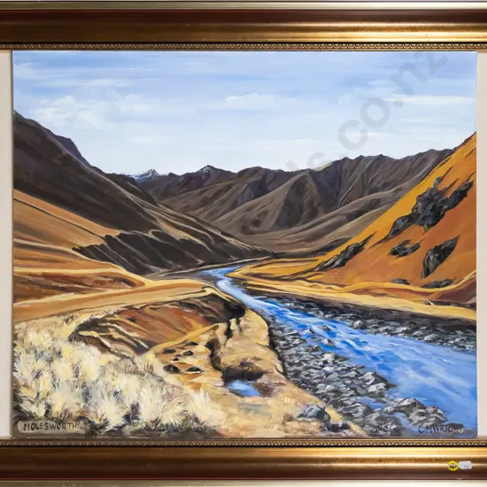C M Wright - framed oil - river and mountain scene H-490 W-600