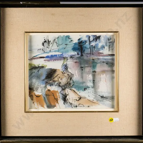 Merrill - framed watercolour - figure by river H-220 W-260 (damage to frame)
