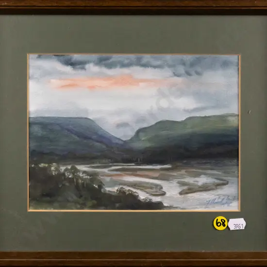 Fergus Sutherland - framed watercolour -"Evening on Tahakopa Estuary (Catlins)" H-150 W-210
