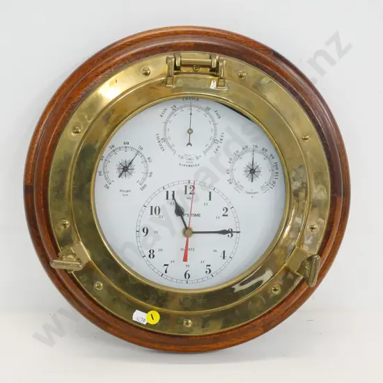 brass ship's porthole with wooden frame and modern clock movement fitted Diameter 360