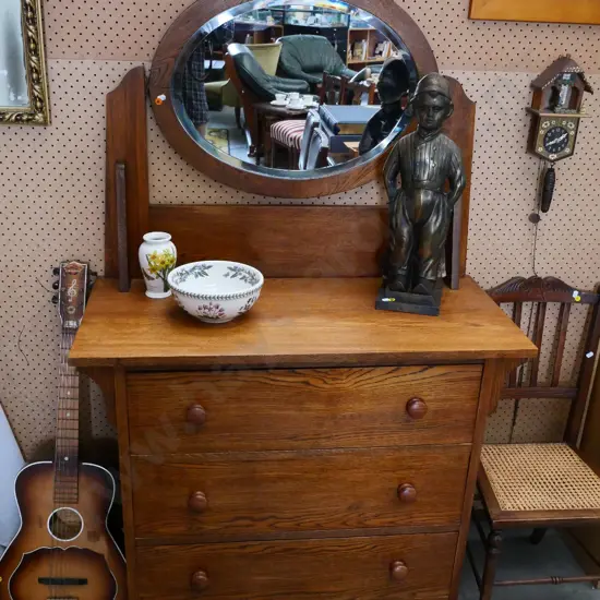 deco oak 4-drawer chest with oval bevelled mirror, turned wood handles - upstand a bit loose H-1550 W-910 D-430