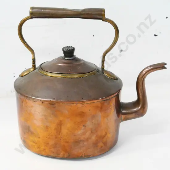 vintage copper and brass kettle with black finish metal knob - some dents H-240 L-250