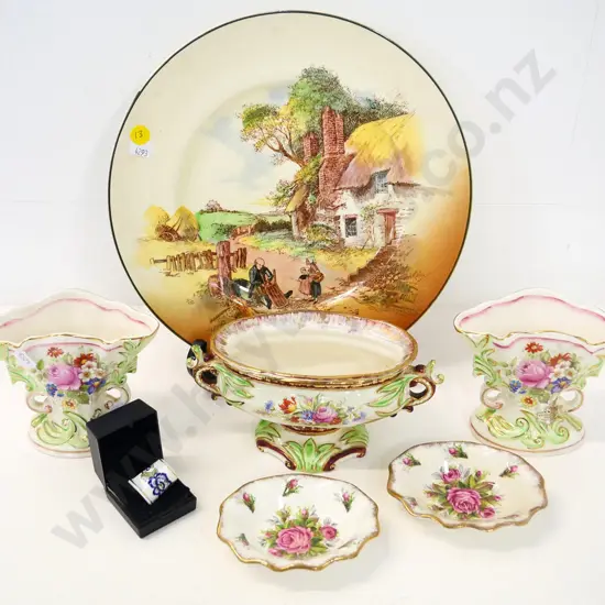 assorted English china - Royal Doulton Rustic England plate, Wedgwood trough vase & urn set, thimble, James Kent plates