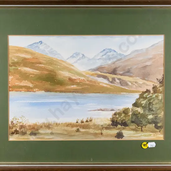 framed watercolour - lake and mountain scene H-240 W-340