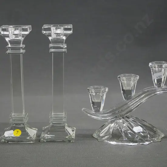 pair of glass candlesticks H-300 and a 3-candle candelabrum
