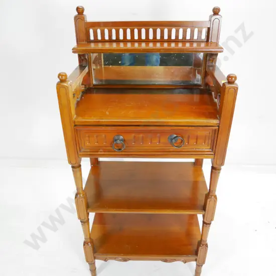 vintage whatnot / hall stand with single drawer, mirrored spindle gallery back, 2 lower shelves H-1050 W-500 D-310