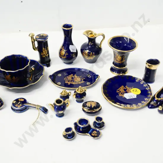 20 pieces of miniature Limoges china - cobalt and gold - tallest is h-60