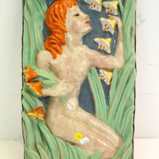 glazed terracotta wall plaque - nude figure with flowers H-340 W-210