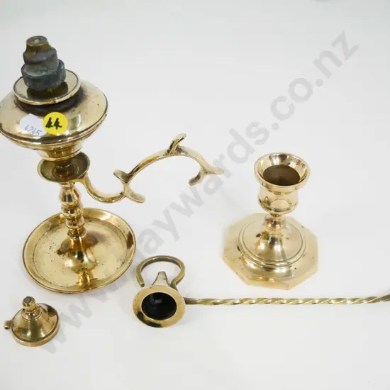 vintage brass items - kerosene candlestick style lamp, may have missing piece, H-200, snuffer, etc.