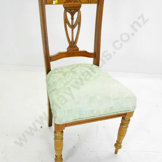 restorer's Edwardian beech carved splat dining chair, damask upholstered seat H-890 W-430 D-420