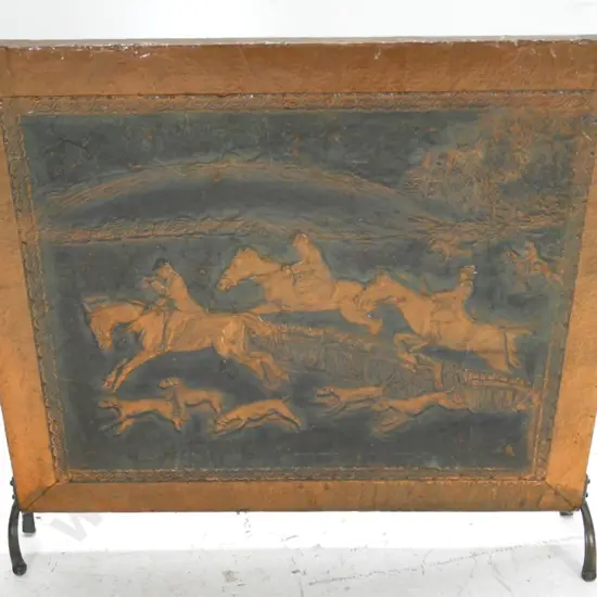beaten copper fire screen - hunting scene