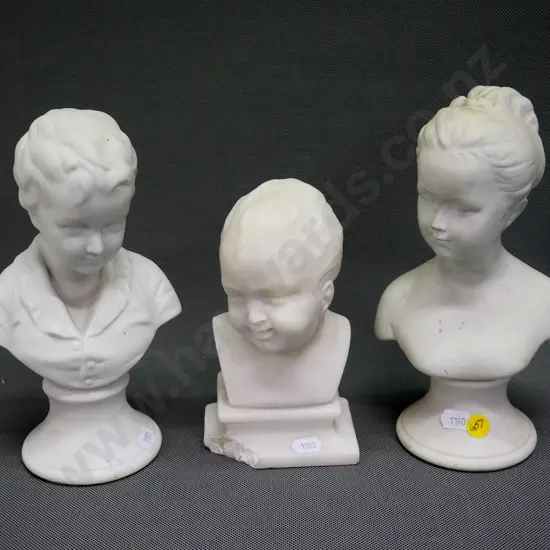 2 porcelain and one white stone busts - tallest H-220, chip to base of stone bust