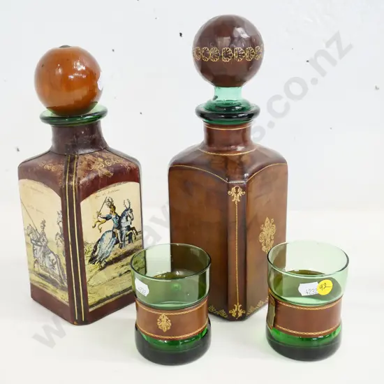 leather covered green glass items -  2 decanters, taller is H-290 and 2 tumblers