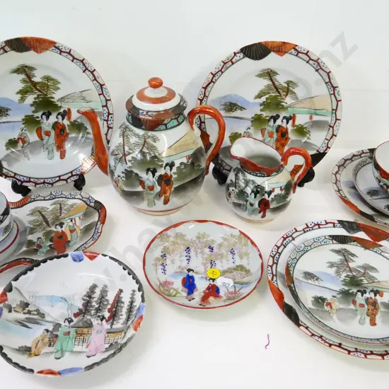 Japanese hand-painted porcelain items - teapot (chip to spout) jug, trio, tennis set, plates & spare saucers, 1 odd dish