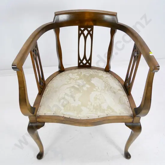 timber framed cab-leg tub chair with fretted splat, gold damask upholstered seat H-740 W-530 D-450