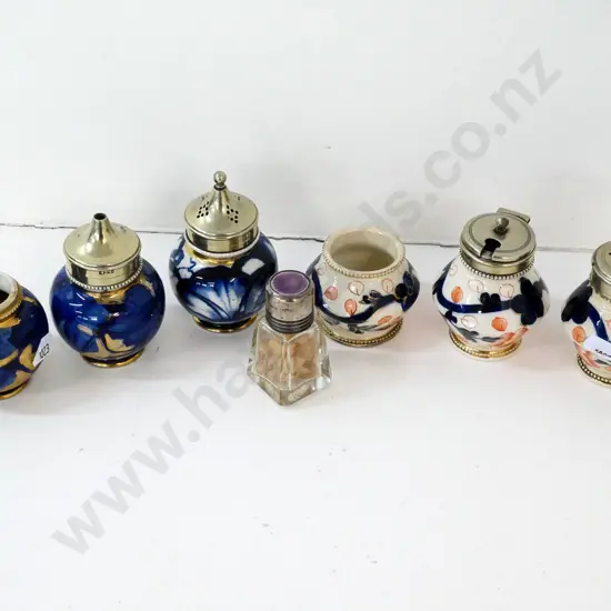 2 early condiment sets with plated tops (1 mustard pot missing rim) and sterling & enamel top small bottle