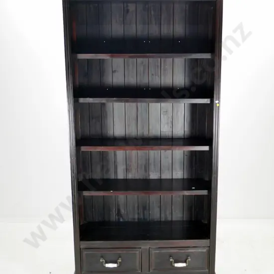 reproduction dark-stained large bookcase with porcelain handles and studding, some movement in joints H2090 W1000 D330