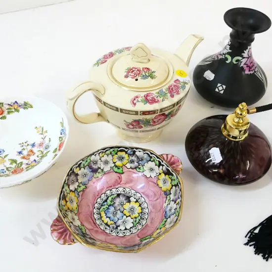 Shelley vase, Maling thumbprint dish, Aynsley Cottage Garden comport, New Hall teapot (hairline crack) & glass atomiser