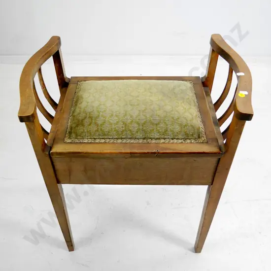 vintage slat-arm beech piano stool with lift-up velvet upholstered seat H-660 W-560 D-350