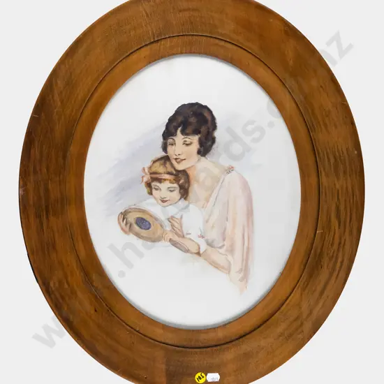 oval framed watercolour - mother and daughter H-370 W-280