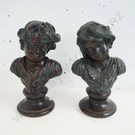 pair of bronze-finish composite busts - boy & girl, each H-320
