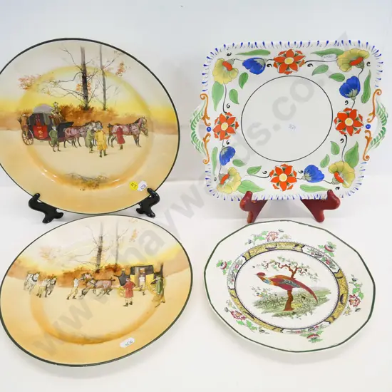 4 English china plates - 3 Royal Doulton (Coaching Days & Pekin) & a Masons handled serving dish. Largest plate D-260