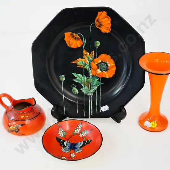 Shelley jug, Tunstall small bowl, Crown Ducal octagonal plate 250x250, and an orange glass vase