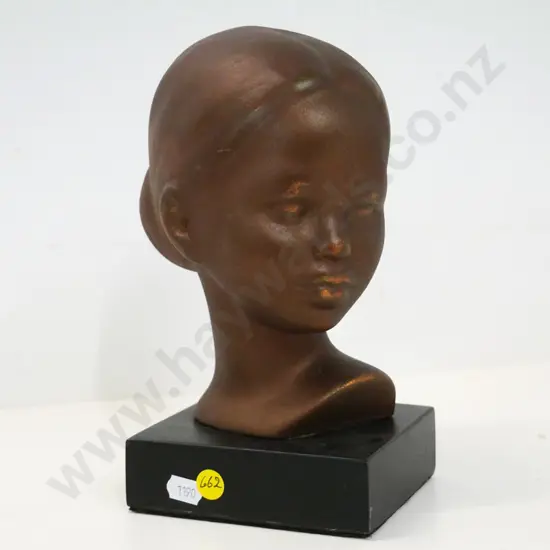 composite or china bronze finish girl's head on painted wooden base H-240