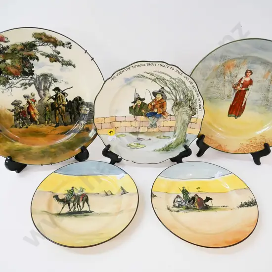 5 Royal Doulton cabinet plates - Katherine, Old English scenes D-265, Desert scenes, Gallant Fishers