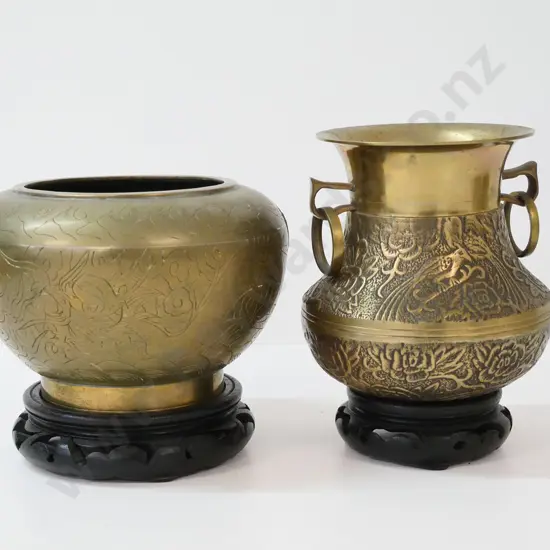 2 brass vases on carved wood stands - one made in China, taller one made in Korea H-150