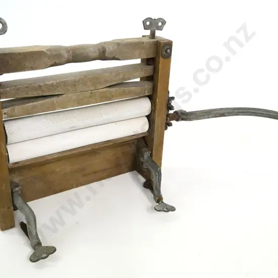 vintage timber-framed laundry wringer with clamp mounts, one missing cap - some borer, rubber deteriorating H390 W750