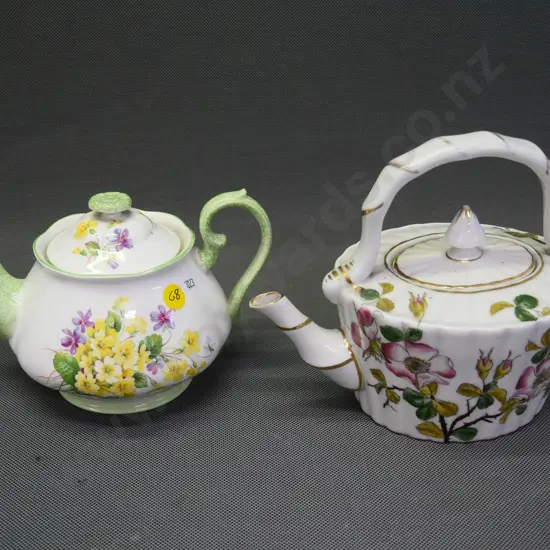 2 teapots - Royal Albert Primulette and an unmarked Victorian dog roses and gold