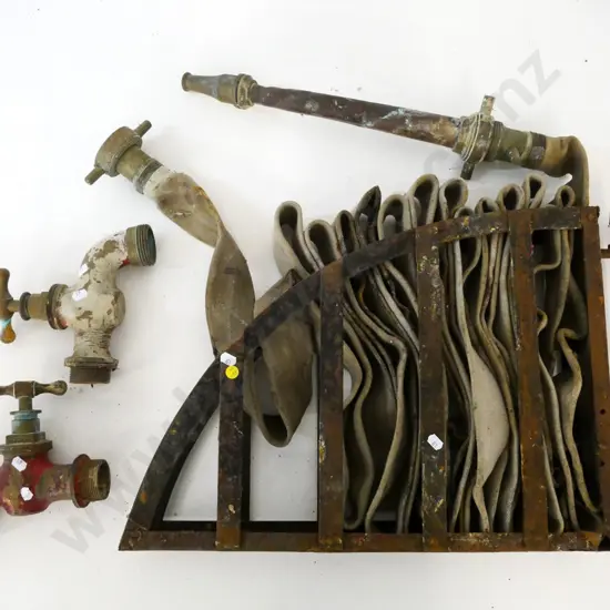 vintage fire hose on hinged frame and 2 heavy duty taps - frame H-400 W-540
