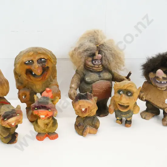 collection of 8 Norwegian trolls - 6 hand-carved carved wood, one has damage to foot, and 2 composite, tallest H-200